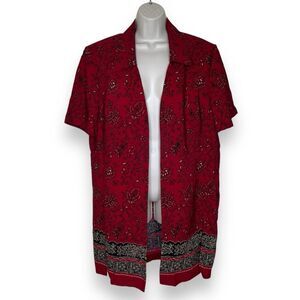 Vintage Studio I Short Sleeve Open Front Duster Red Floral Border Print Women 18